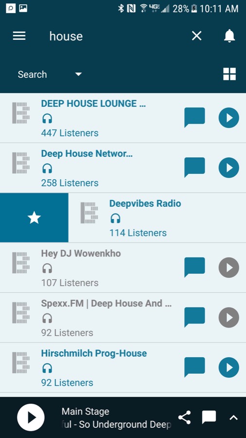 The original More Bass Radio station browser on Android, listing stations with live listener counts and a Main Stage now-playing bar.
